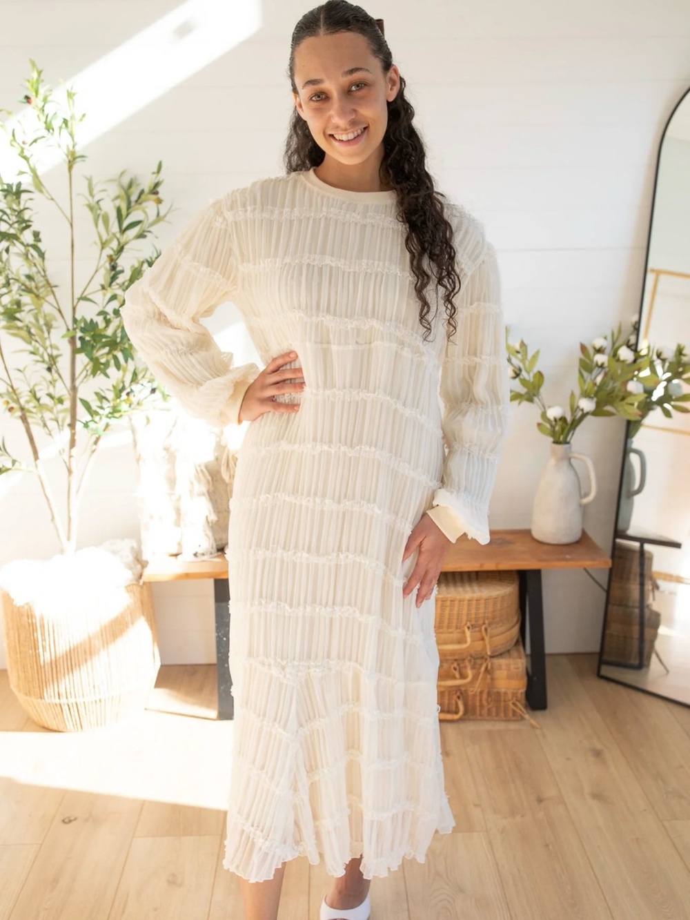 Dainty Jewells Cream Textured Long Sleeve Midi Dress